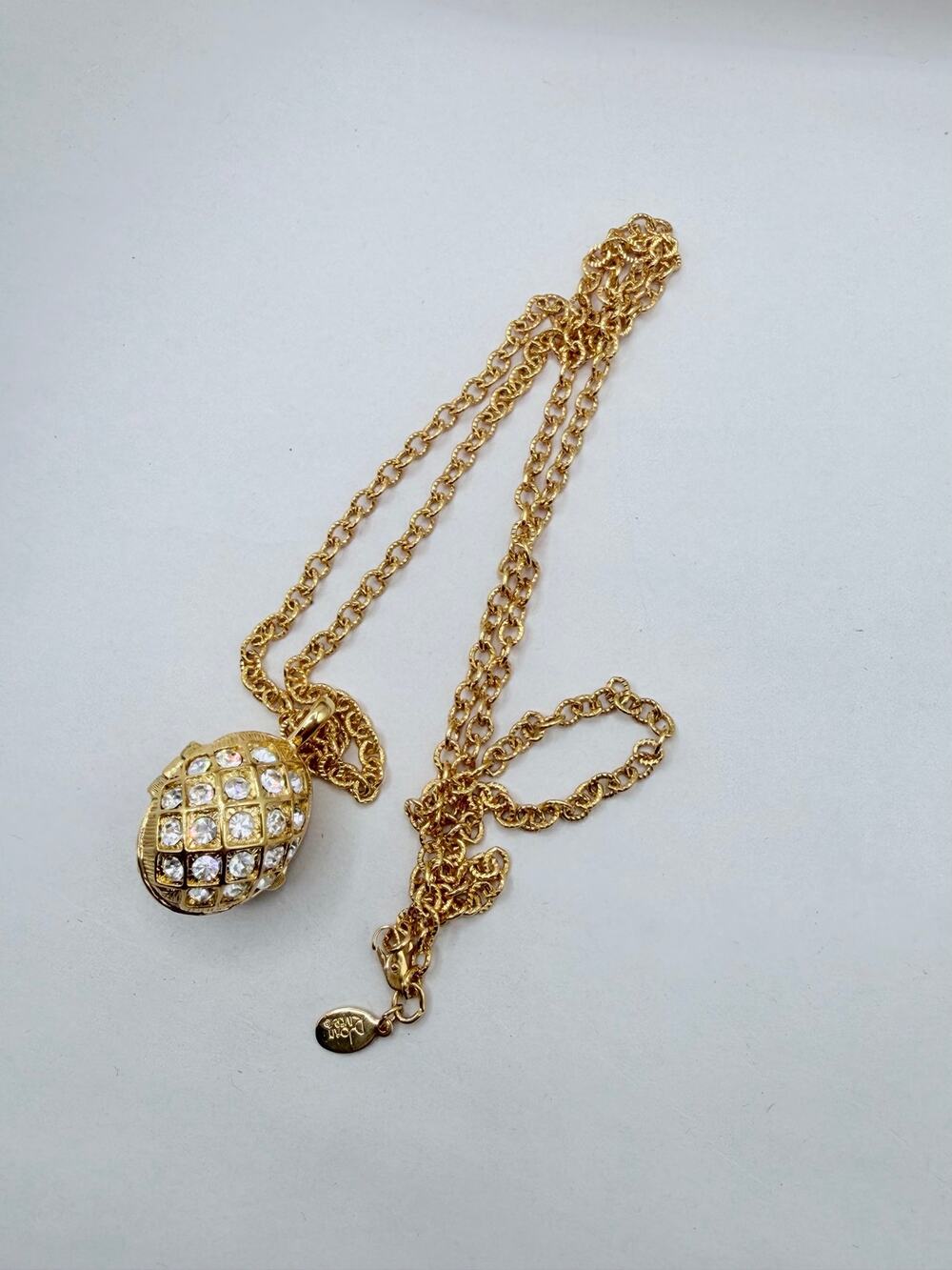 Joan Rivers Crystal Egg Locket Necklace Hidden Bee Gold Tone Signed Vintage